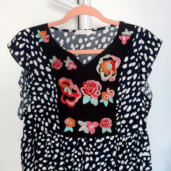 KIRUNDO Black & White Leopard Mini Ruffle V-neck Floral Embroidery Mini Dress M - Picture 5 of 12